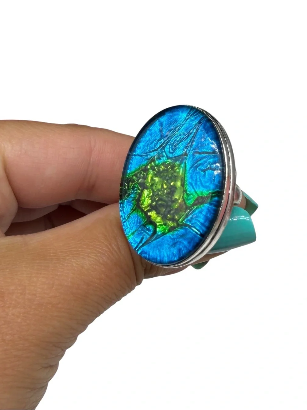 Dichroic Glass Ring Size 8 925 Sterling Silver Overlay Blue Green